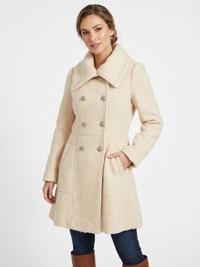 NWT GUESS Cream Bouclé Double Breasted Pea Coat Trench Jacket